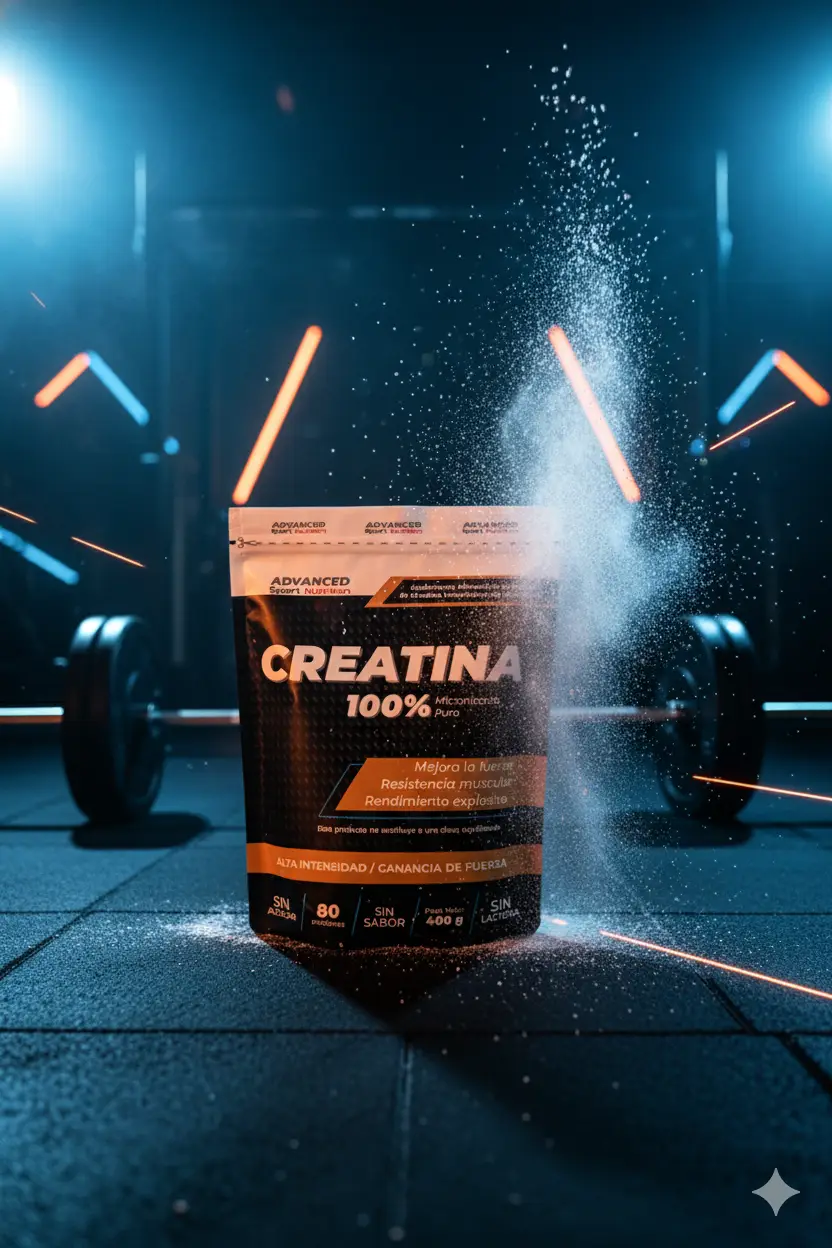 Suplemento en polvo de Creatina Monohidratada Micronizada que mejora la fuerza, resistencia muscular y el rendimiento explosivo.