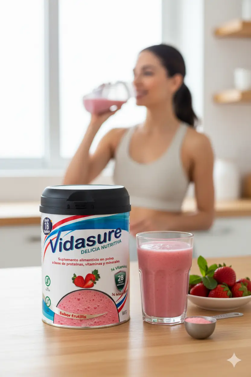 Suplemento alimenticio en polvo a base de proteínas, vitaminas y minerales. Contiene un total de 28 micronutrientes (14 vitaminas y 14 minerales).