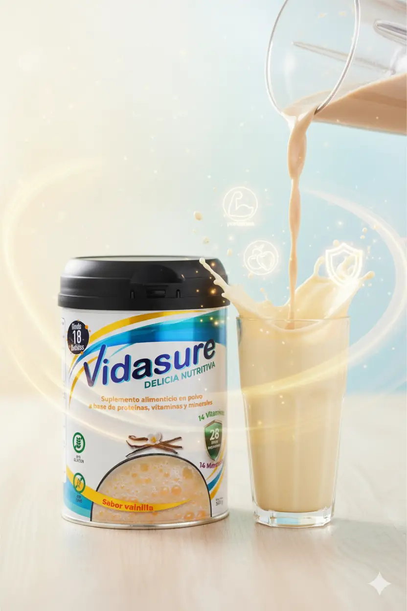 Suplemento alimenticio en polvo a base de proteínas, vitaminas y minerales. Contiene un total de 28 micronutrientes (14 vitaminas y 14 minerales).